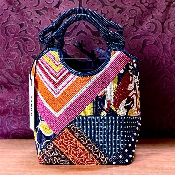 🌺🎉HP🎉🌺 NWT Staud Beaded Cote Bag Patchwork Foulard 🌟Rare Find🌟 - Picture 2 of 16